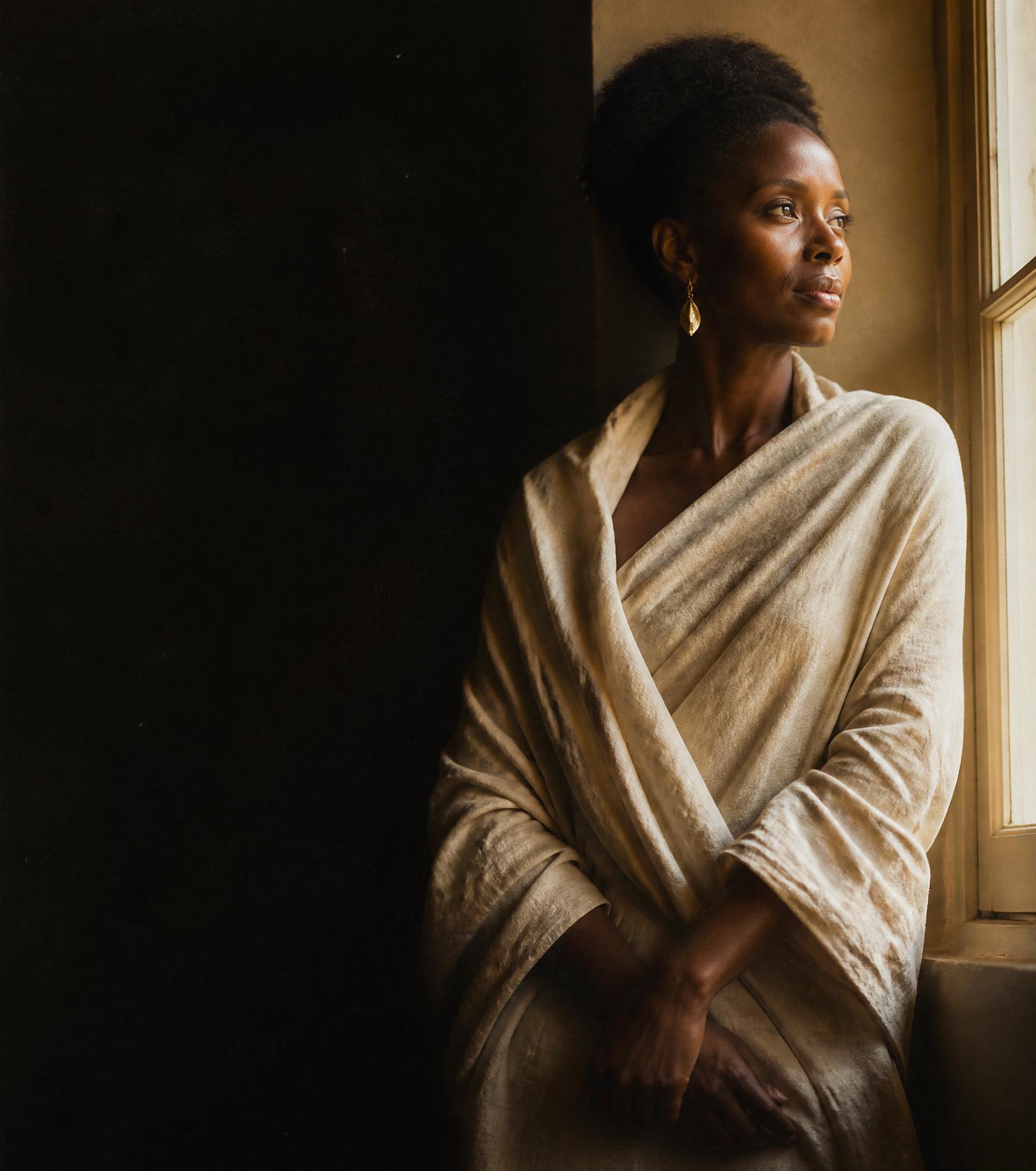 A woman near a window, preparing to tell her story