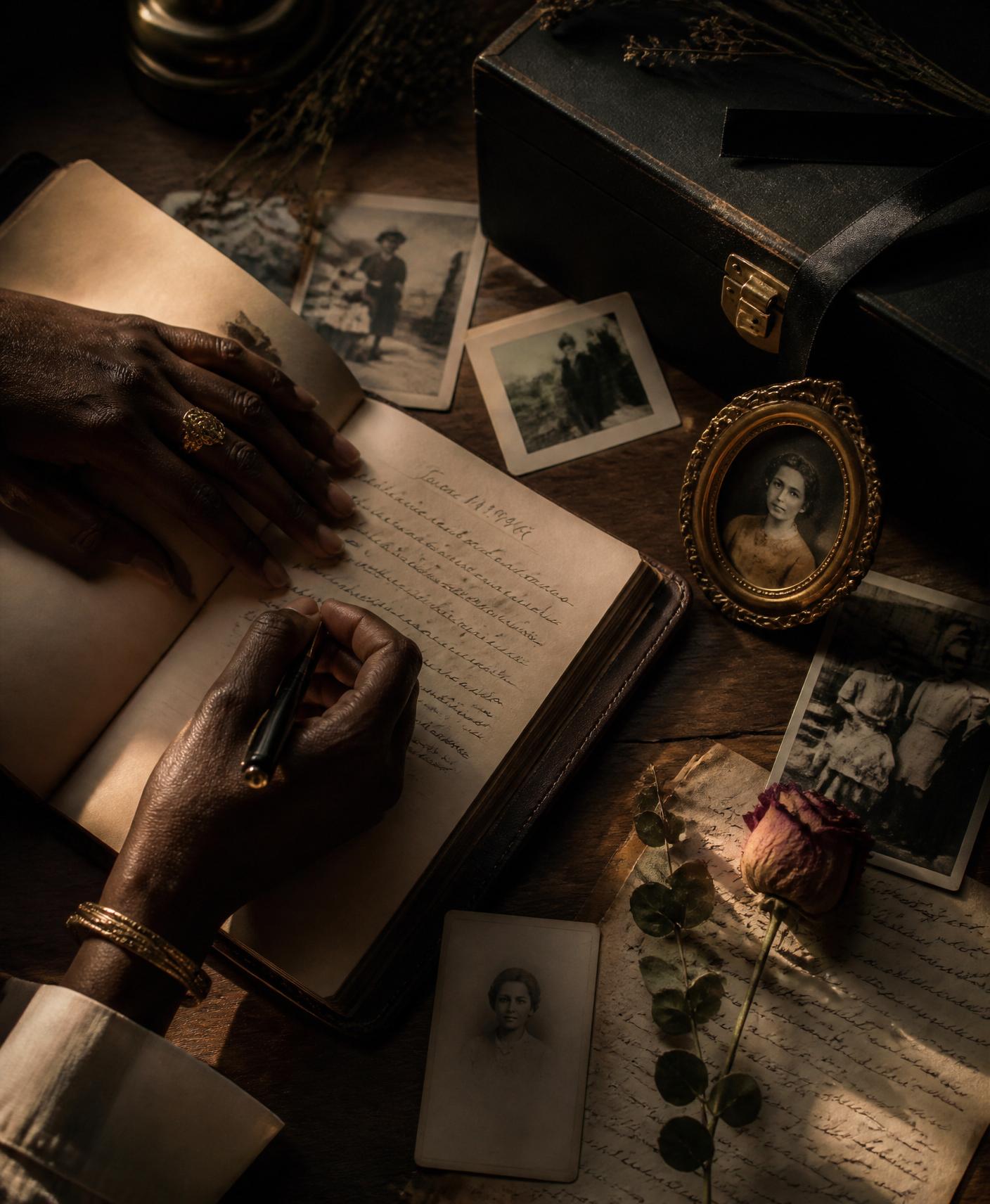 Hands writing in a journal beside archival family photographs